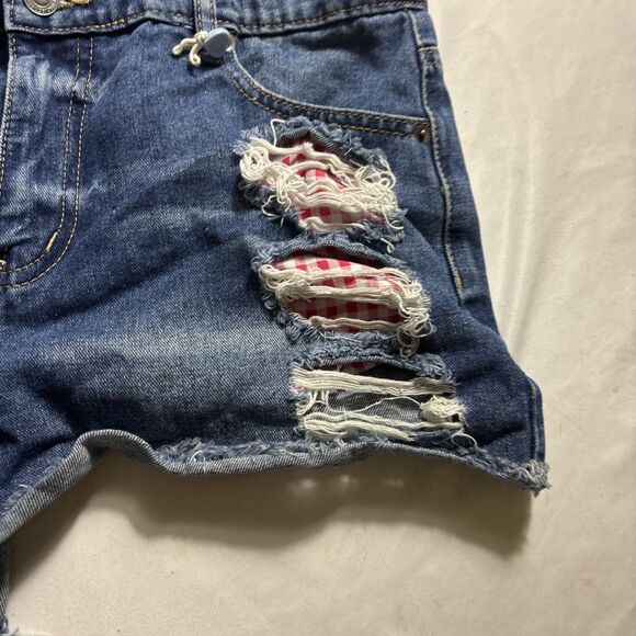 PROJECT REBEL DENIM Raw Hem Checkered Medium Wash High Rise Cut Off Shorts BL - Picture 4 of 15